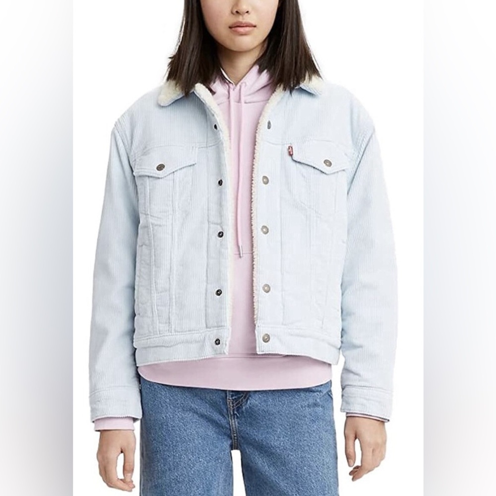 Levi’s Women’s Ex-Boyfriend Light Blue Corduroy Sherpa Trucker Jacket Size L - Picture 7 of 8